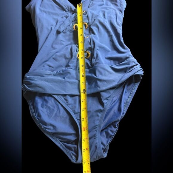 Sexy lace up front one piece swimsuit with gold grommets medium blue size 8 GUC - Picture 2 of 10